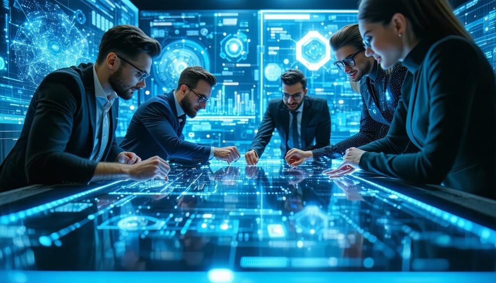 Business owners collaborating with AI technology